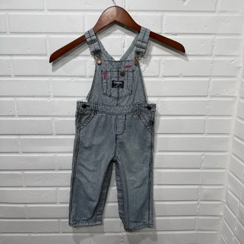 OshKosh BGosh Hickory Stripe Denim Bib Overalls Blue Pink Girls‎ 24 Mos Railroad